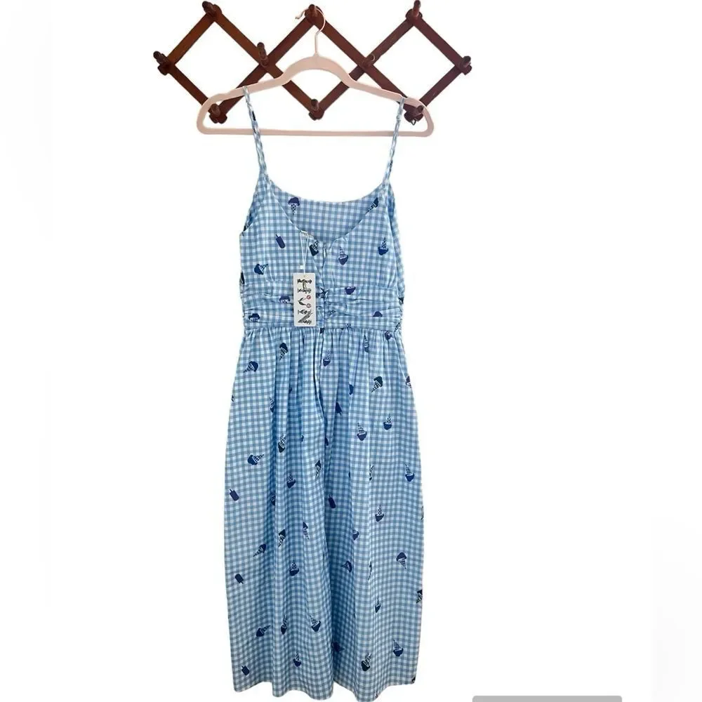 HVN Blue Lucy‎ Strappy Cotton Ruched Dress with Ice Cream Print sz 2